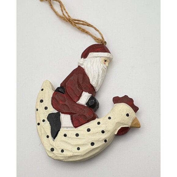 Vintage Santa Riding Chicken Christmas Tree Ornament Folk Art Carved Style - Picture 3 of 8